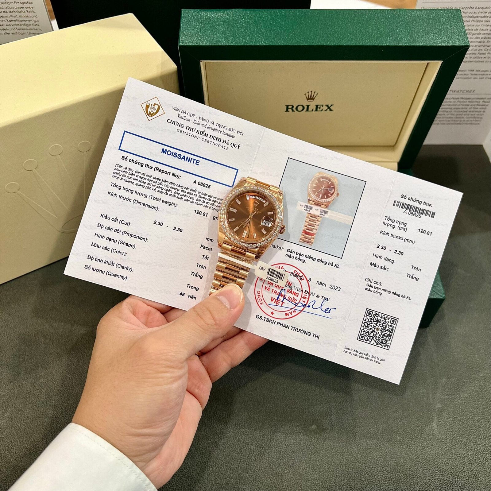 Rolex Fake Watch Day-Date Dial Chocolate Moissanite Diamonds Custom 40mm - Đồng Hồ Replica 1:1