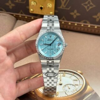 Rolex Land-Dweller 127236 Imitation Watches Ice Blue Dial Honeycomb Pattern Bezel Diamonds CZ Baguette Custom 36mm - Đồng Hồ Replica 1:1