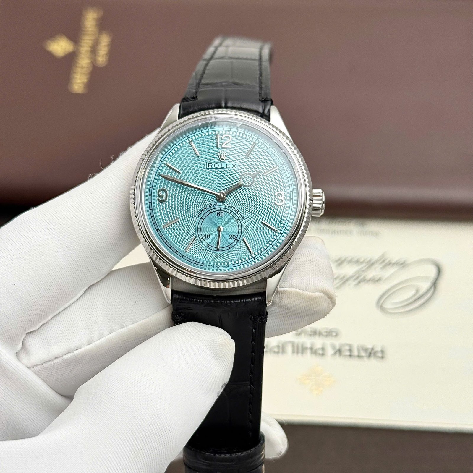 Rolex Perpetual 1908 Fake Watches Tiffany Dial Leather Strap Black 39mm - Đồng Hồ Replica 1:1