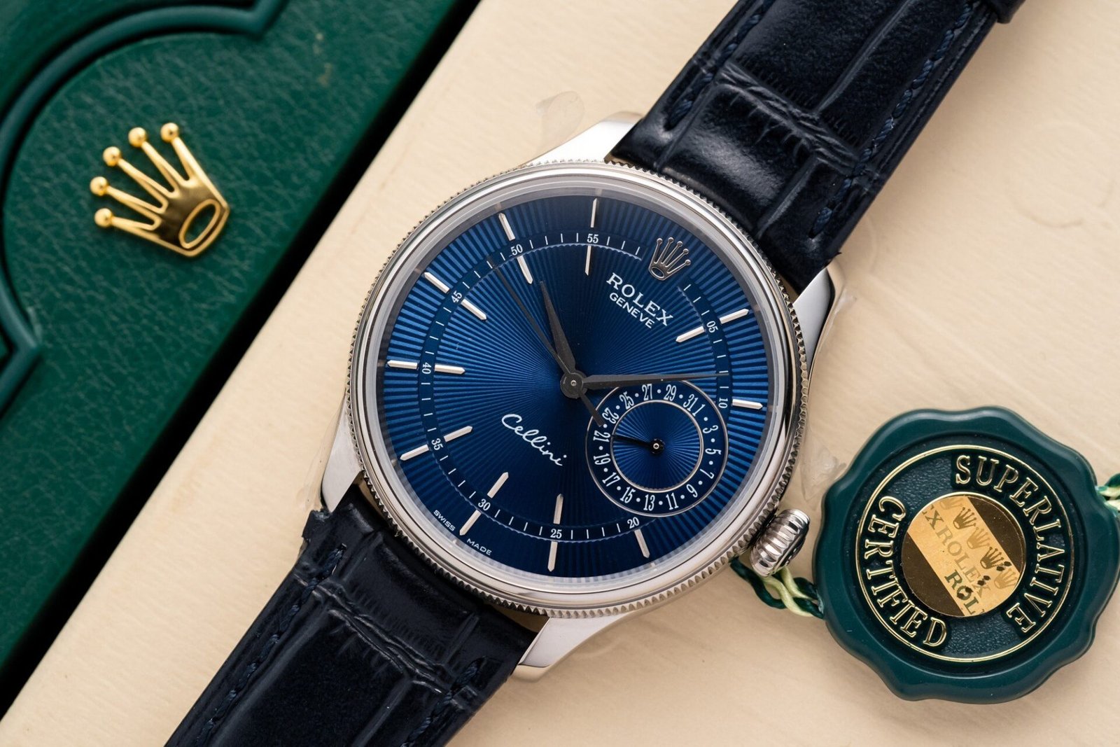 Rolex Replica 1:1 Watch Cellini Date 50519 Blue Dial Leather Strap 39mm - Đồng Hồ Replica 1:1
