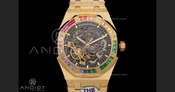 Royal Oak 41mm Frosted 15412 YG THBF 1:1 Best Edition Rainbow Bezel on RG Bracelet SA3132 V2