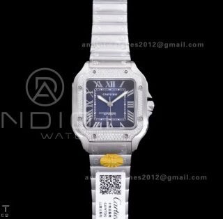 Santos de Cartier 35mm SS AF 1:1 Best Edition Full Diamond Bezel Blue Dial on SS SmartLinks Bracelet MIYOTA 9015