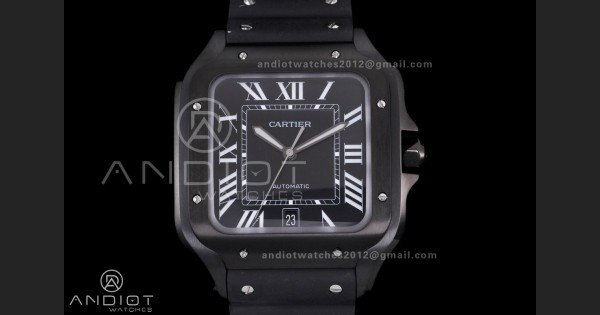 Santos de Cartier 40mm PVD BVF 1:1 Best Edition Black Dial on Black Leather Strap MIYOTA 9015