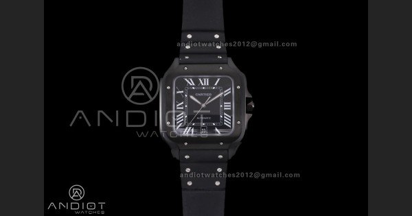 Santos de Cartier 40mm PVD BVF 1:1 Best Edition Black Dial on Black Leather Strap MIYOTA 9015