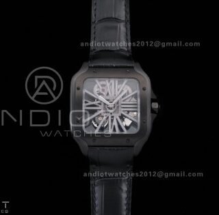 Santos de Cartier Skeleton PVD MLF Skeleton Dial on Black Leather Strap 9612MC Super Clone