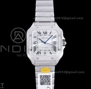 Santos de Cartier XL 40mm SS AF White Dial Diamond Bezel SS Bracelet MIYOTA 9015