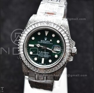 Submariner 40mm Full Diamonds SS AMGF Best Edition Green Dial on Bracelet on VR3135