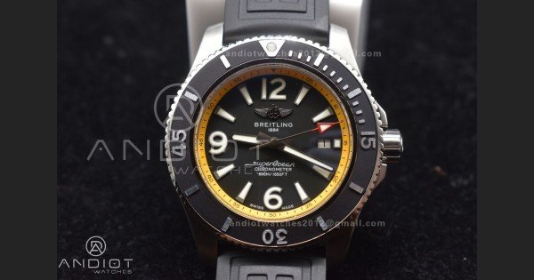 Superocean Automatic 44 TF 1:1 Best Edition Black Dial and Bezel with Yellow Rehaut On Black Rubber Strap A2824