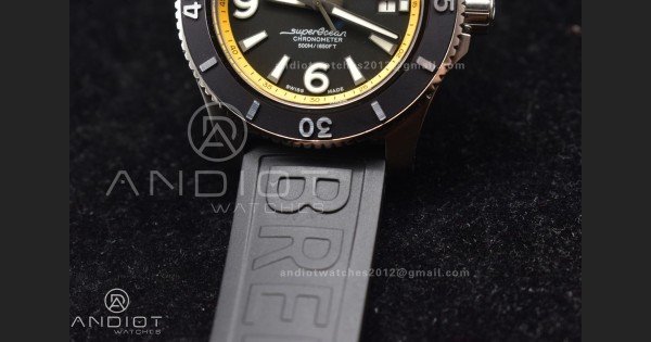 Superocean Automatic 44 TF 1:1 Best Edition Black Dial and Bezel with Yellow Rehaut On Black Rubber Strap A2824