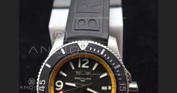 Superocean Automatic 44 TF 1:1 Best Edition Black Dial and Bezel with Yellow Rehaut On Black Rubber Strap A2824