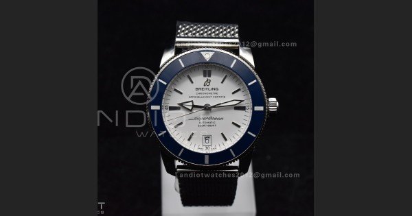 SuperOcean Heritage II BLSF 42mm SS White Dial Blue Ceramic Bezel on SS Mesh Bracelet A2824