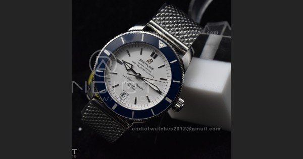 SuperOcean Heritage II BLSF 42mm SS White Dial Blue Ceramic Bezel on SS Mesh Bracelet A2824