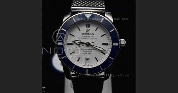 SuperOcean Heritage II BLSF 42mm SS White Dial Blue Ceramic Bezel on SS Mesh Bracelet A2824