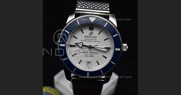 SuperOcean Heritage II BLSF 42mm SS White Dial Blue Ceramic Bezel on SS Mesh Bracelet A2824