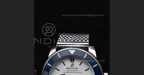 SuperOcean Heritage II BLSF 42mm SS White Dial Blue Ceramic Bezel on SS Mesh Bracelet A2824