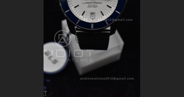 SuperOcean Heritage II BLSF 42mm SS White Dial Blue Ceramic Bezel on SS Mesh Bracelet A2824