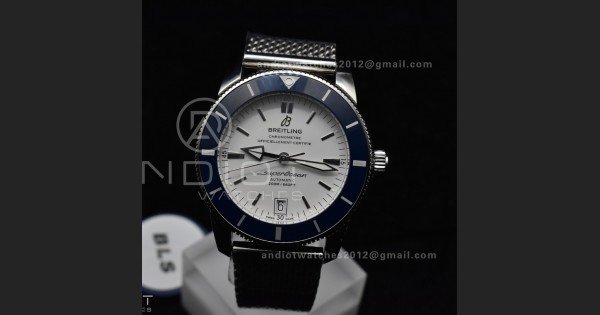 SuperOcean Heritage II BLSF 42mm SS White Dial Blue Ceramic Bezel on SS Mesh Bracelet A2824